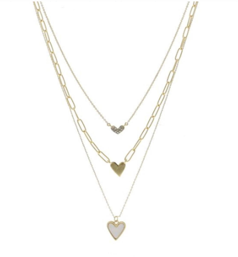 Matte Gold 3 Strand Layered Hearts Necklace