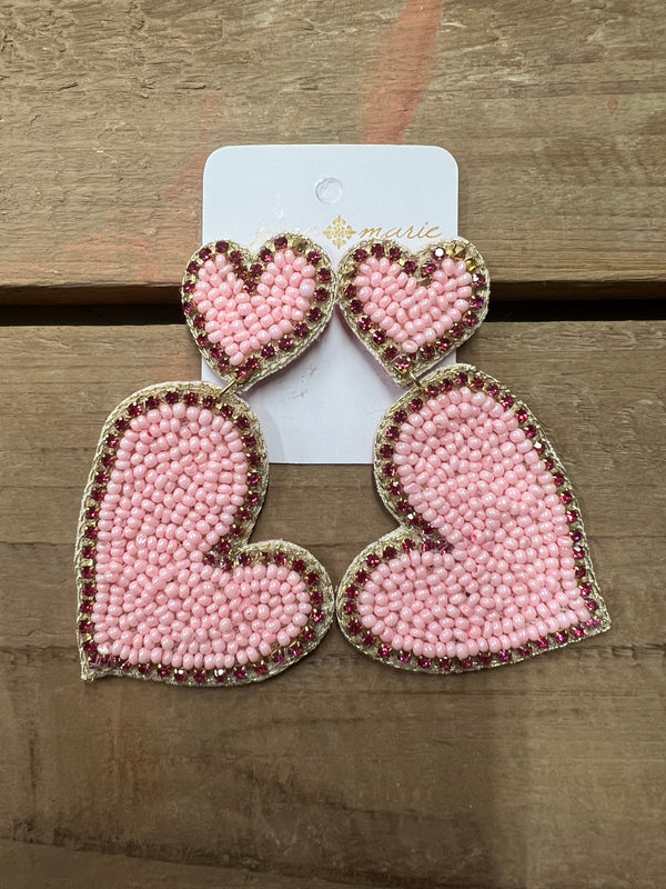 Valentine Seed Bead Pink Heart Statement Earrings