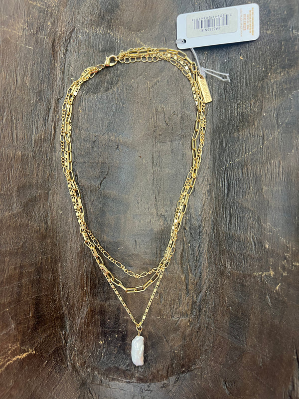 Matte Gold 3 Strand Layered Necklace w/ Pearl Pendant