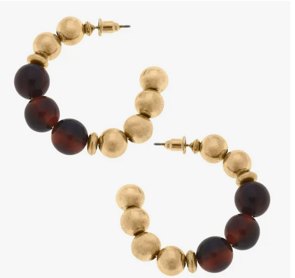 Canvas Style Wynter Resin & Worn Gold Ball Bead Hoop Earrings in Tortoise