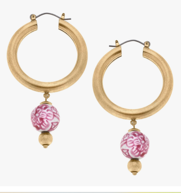 Paloma Pink & White Chinoiserie Closed Hoop Earrings