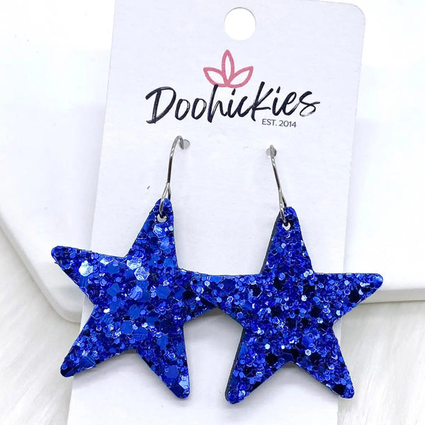 Blue Chunky USA Glitter Star Earrings