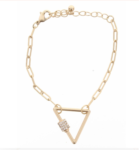 Matte Gold Link with Triangle Carabiner with Rhinestone Accents Bracelet