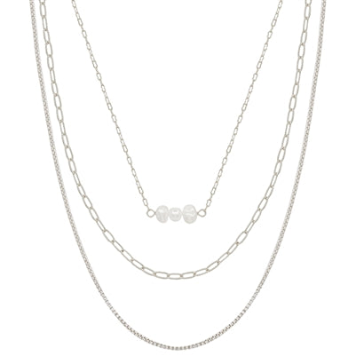 Silver Triple Layered Chain and Freshwater Pearl Bar 16