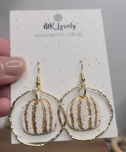Clay White and Gold Pumpkin Earrings | Southern Grace Farms