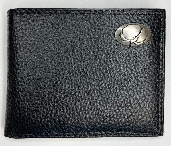 Black Pebble Grain Leather Bi-fold Wallet Cotton Boll