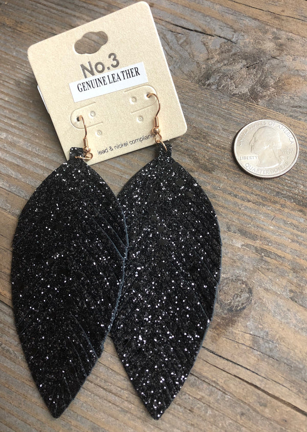 Leather Sparkle Feather Earrings Black