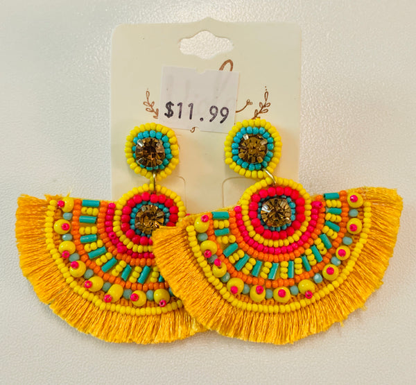 Yellow Multicolor Bead & Thread Fan Earrings