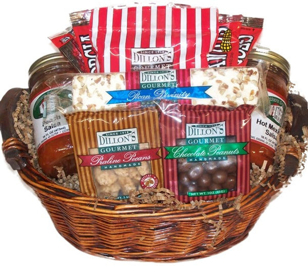 Our Georgia Grown Snack n Salsa Gift Basket is filled with Southern staples such as peanut brittle and praline pecans...and don't forget to add your 2 favorite salsas!