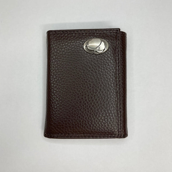 Brown Pebble Grain Leather Tri-fold Wallet Cotton Boll
