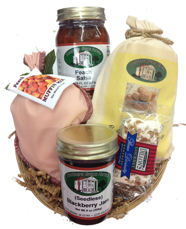 Our taste of Georgia gift basket is filled with our Georgia favorites! Peach Salsa, Peach Muffin Mix, Blackberry Jelly and more!
