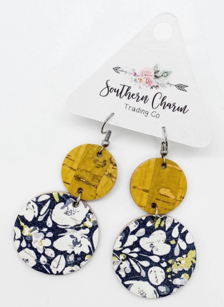 Southern Charm Blue & Yellow Cork Circle Earrings