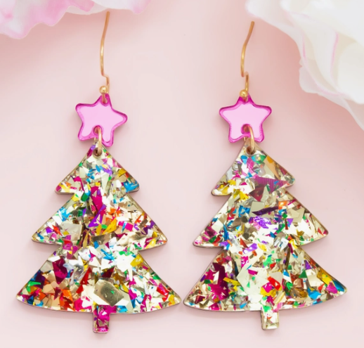Christmas Tree Earrings Gold Glitter Holiday Acrylic Dangles