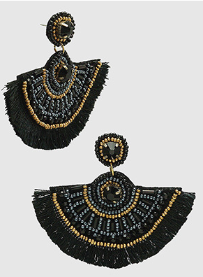 Black Bead & Thread Fan Earrings
