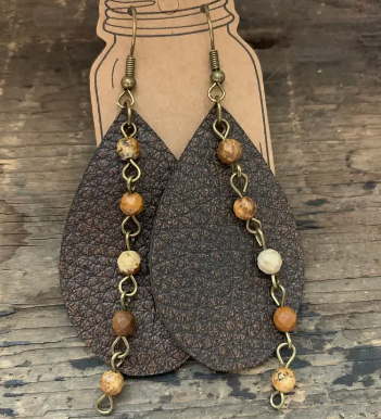 Brown Bomber Leather Earrings with Tan Brown Gemstone Chain