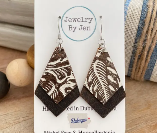 Double Stacked: Cream & Brown Tooled Earrings