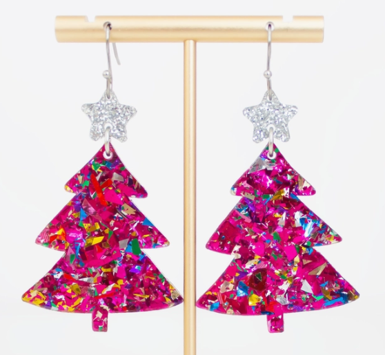 Christmas Tree Earrings Pink Glitter Holiday Acrylic Dangles