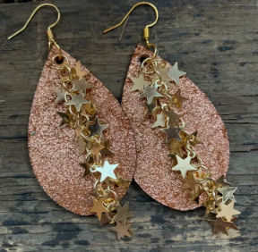 Copper Glitter Leather Earrings with Star Chain