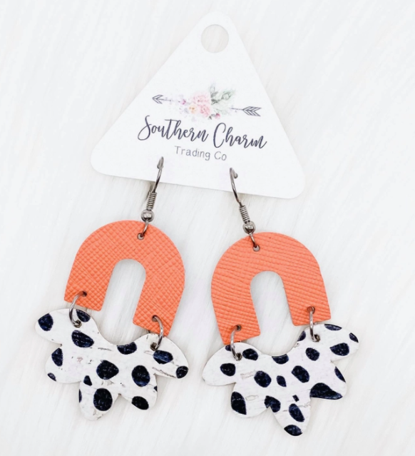 Southern Charm Coral Leather and Dalmatian Earrings