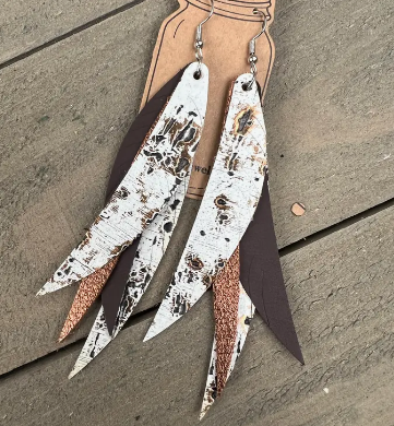 White Bronze Stacked Fringe Feather Earrings) | Southern Grace Farms