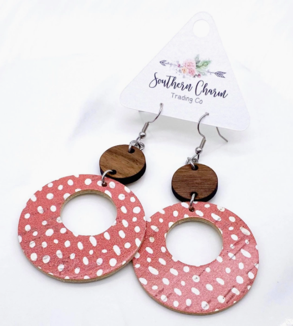 Southern Charm Wood & Dark Coral Doodle Dots Earrings