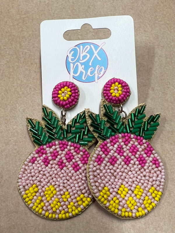 Bright Summer Pink Pineapple Seed Bead Dangle Earrings