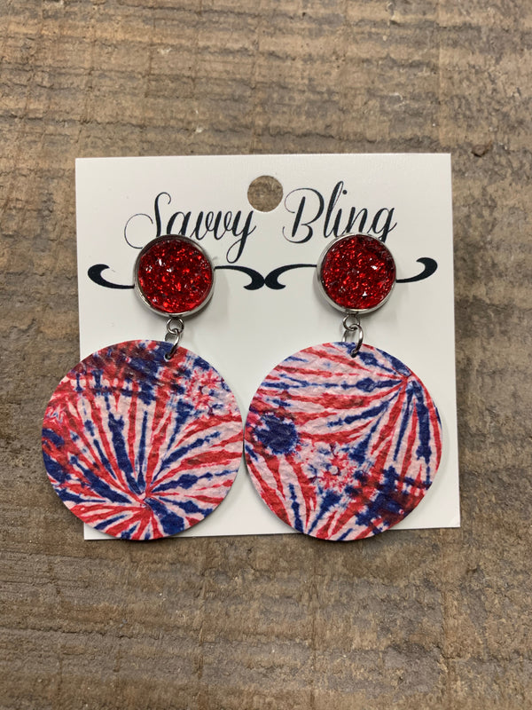 Patriotic Red White & Blue Druzy & Leather Earrings