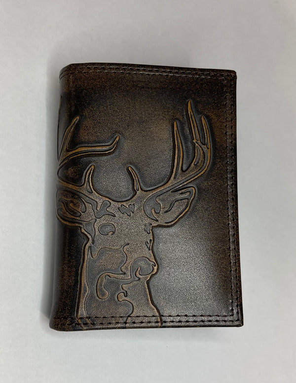 Burnished Leather Trifold Wallet Buck