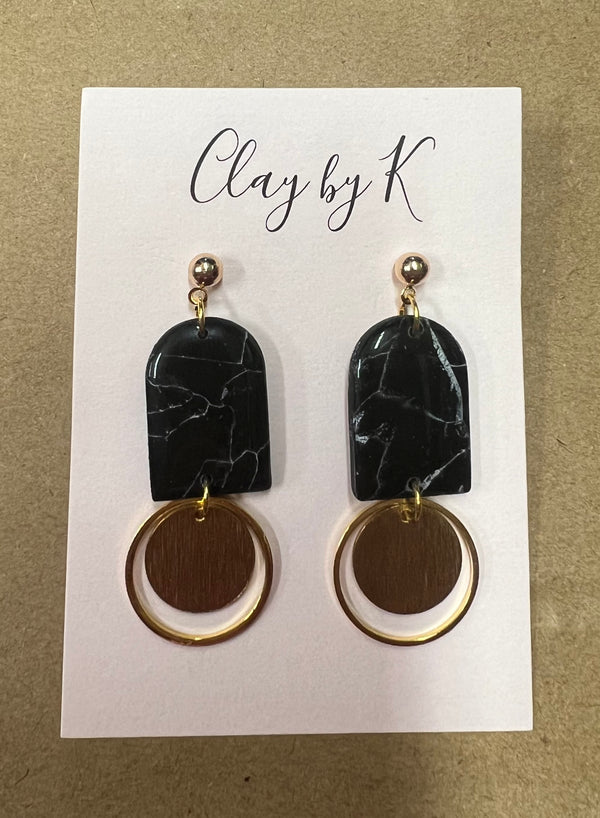 Black & White Marbled Clay Earrings with Gold Disc