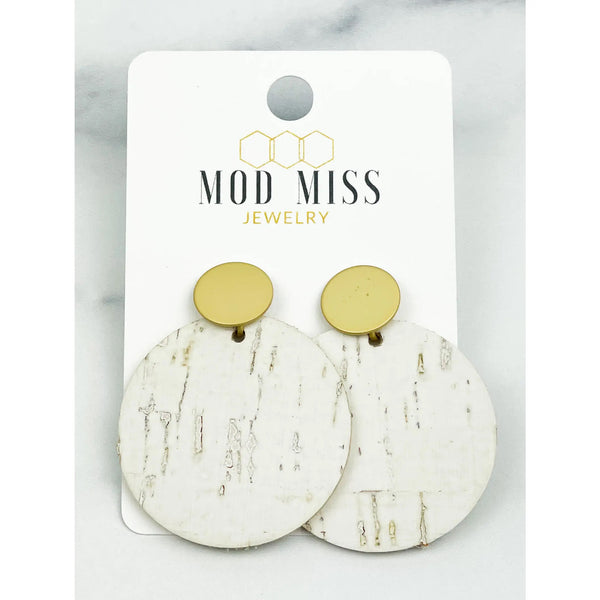 White Cork Leather Round Earrings