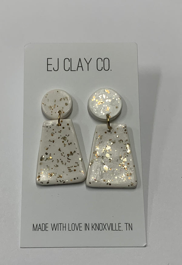 White with Gold Sparkle Dangle Clay Earrings