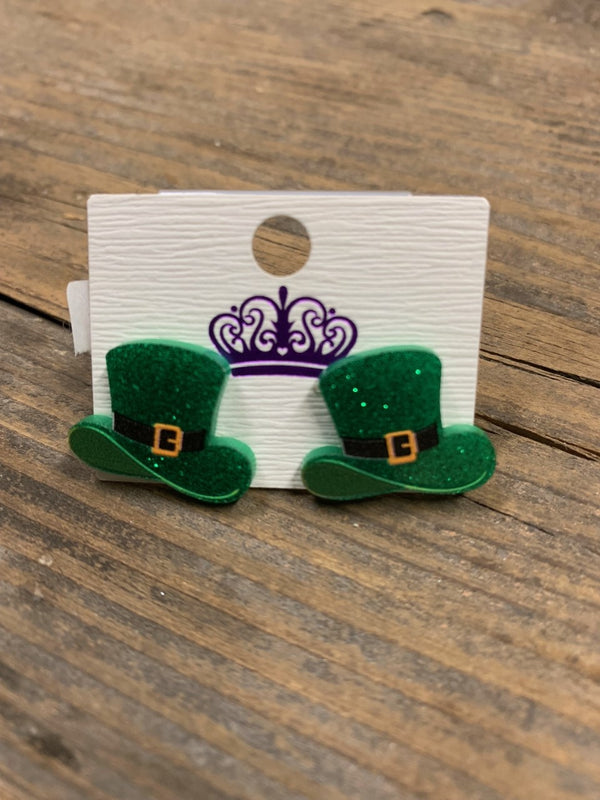 Glittery Green St Patrick's Day Leprechaun Hat Stud Earrings