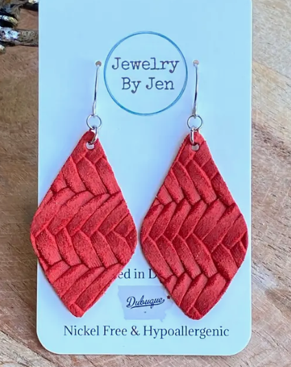 Strawberry Red Braded Leather Earrings