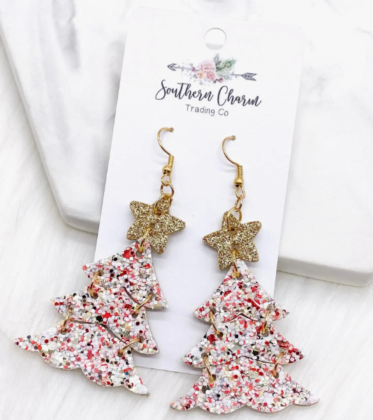 Glittery Christmas Tree Dangle Earrings