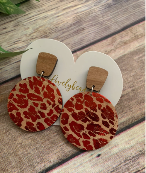 Red Leather Leopard Print Earrings
