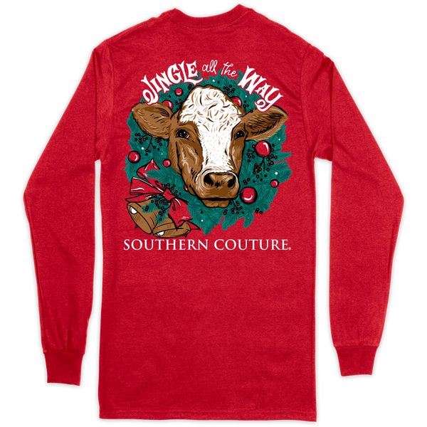 Southern Couture Jingle All The Way Cow Long Sleeve Tee Shirt