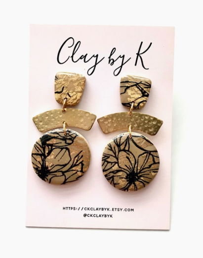 Tan Gold Flake Flower Dangle Clay Earrings