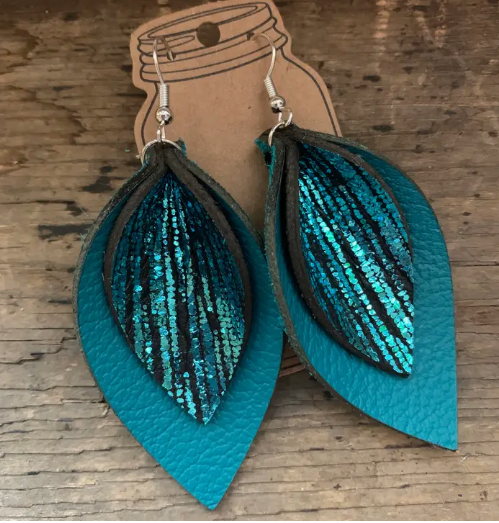 Turquoise Rain Metallic Double Layered Leather Earrings