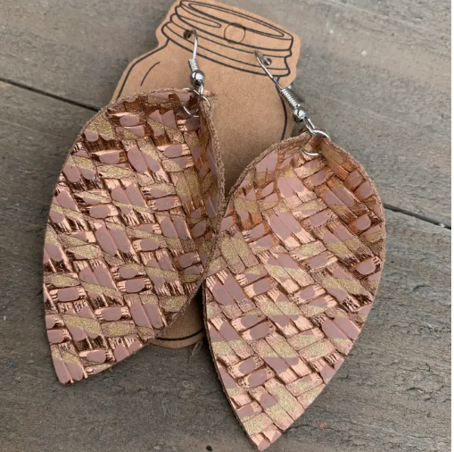 Woven Gold and Rose Gold Leather Earrings